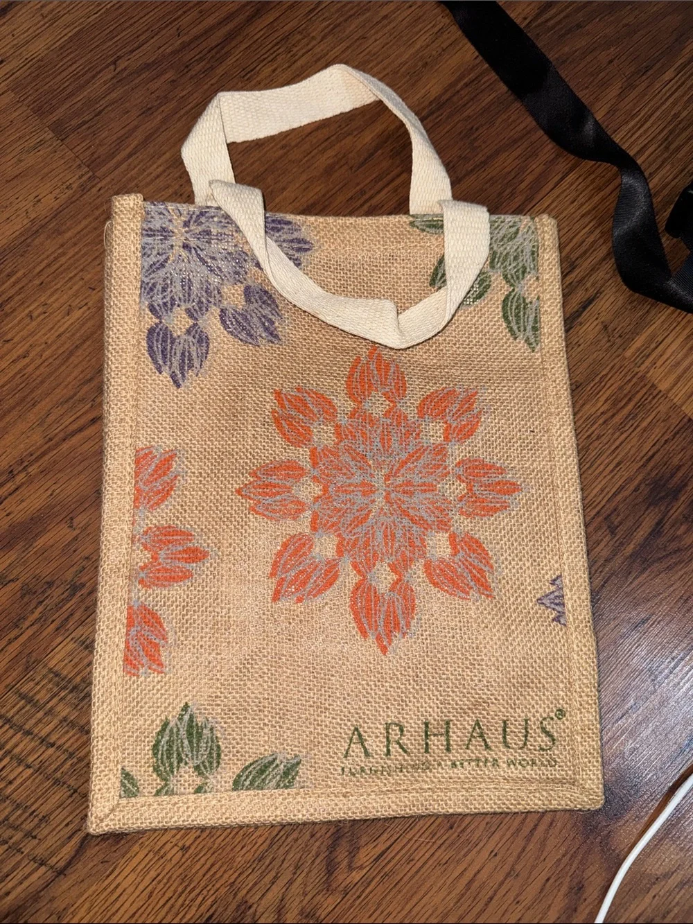 Natural Jute Tote Bag with Orange Floral Design 38.B3